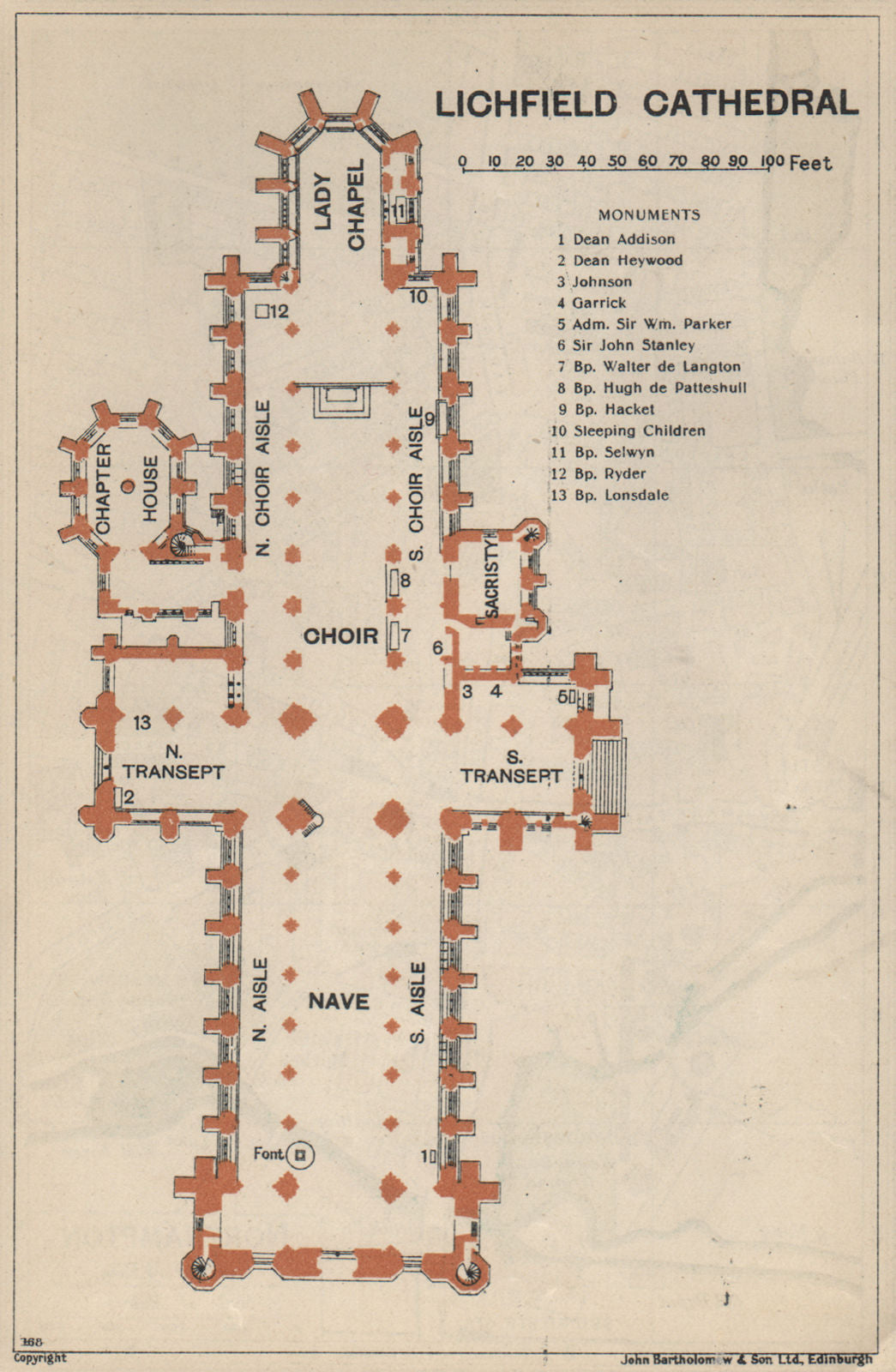 LICHFIELD cathedral vintage floor plan. Staffordshire 1939 old vintage map